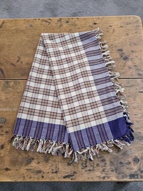 Cream and Plum Plaid Fringed Scarf